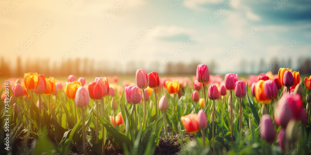 Colorful tulip flowers blooming in the field. Tulips Field. Spring Nature background