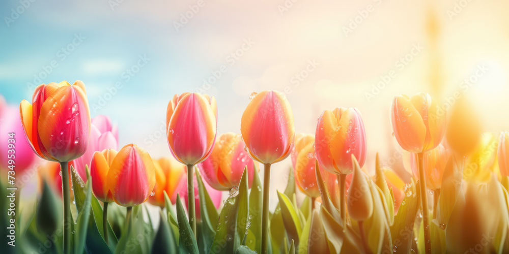 Red Tulips. Beautiful bouquet of tulips. Colorful tulips in spring. Beautiful Floral background for Easter holiday, Women's day, 8 march, Birthday, Mother's day