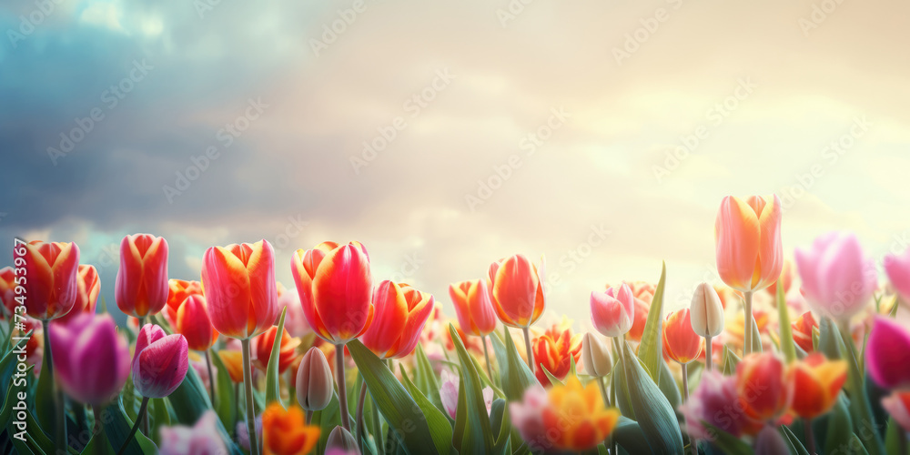 Colorful tulip flowers blooming in the garden with sky background. Beautiful Floral background for Easter holiday, Women's day, 8 march, Birthday, Mother's day
