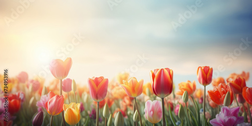 Colorful tulip flowers blooming in the field in spring.  Beautiful Floral background for Easter holiday  Women s day  8 march  Birthday  Mother s day