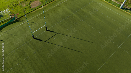 Obraz na plátne Aerial view of rugby goal post in a stadium on a sunny day