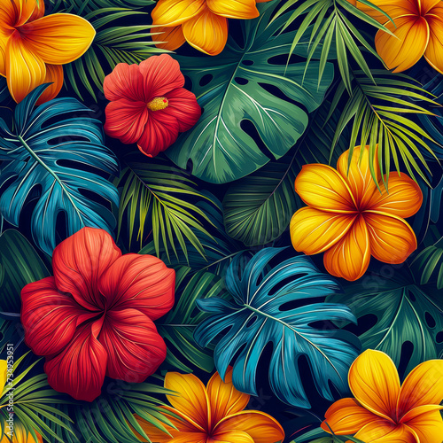 Tropical rainforest leaves and flowers as background, ai generated