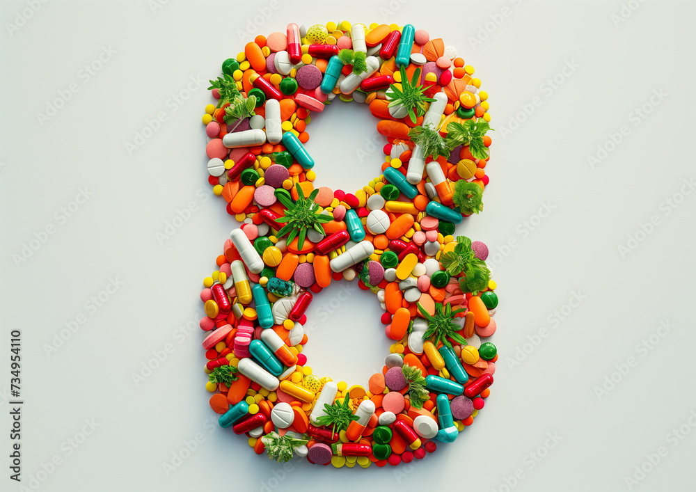 Number eight formed by assorted pills to celebrate international womens day Number eight formed by assorted pills to celebrate international womens day