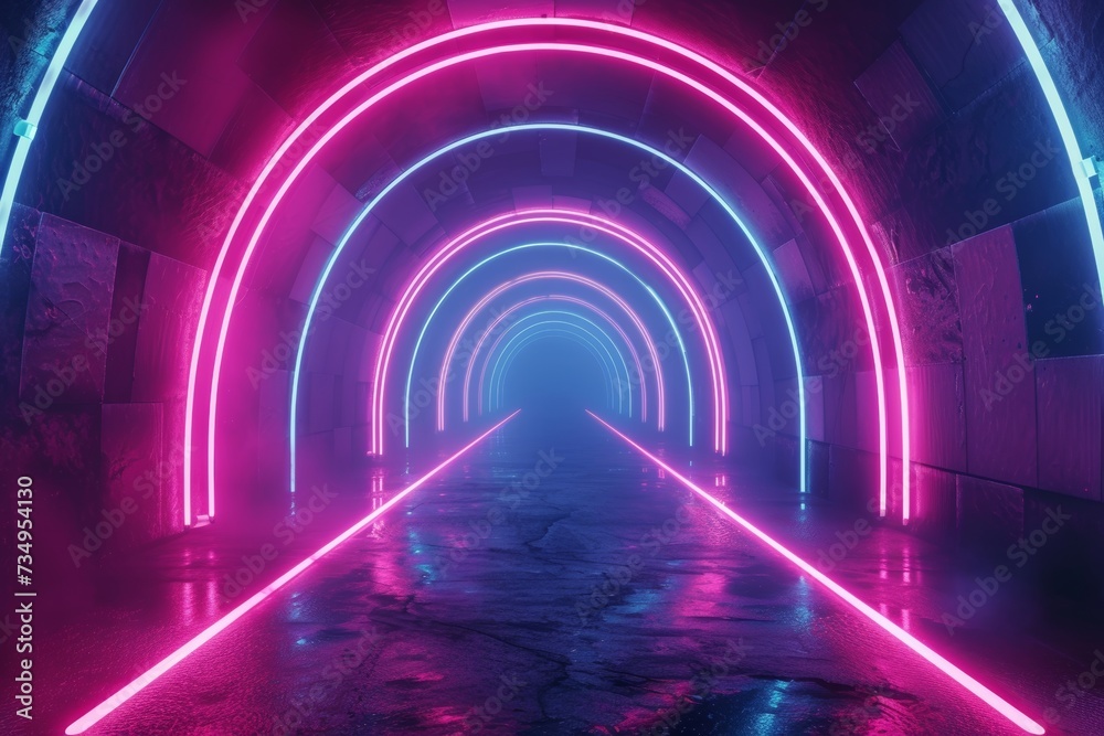 Futuristic sci-fi illuminated neon glowing tunnel. Generative AI Futuristic sci-fi illuminated neon glowing tunnel. Generative AI