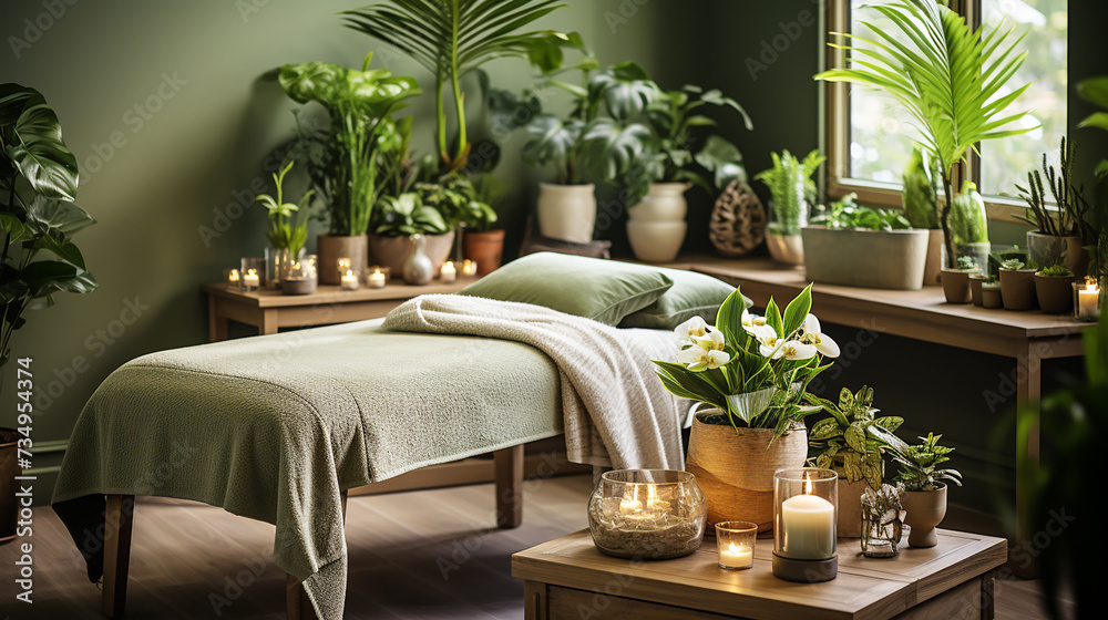 Massage room in an eco-friendly style. Relaxation and healthy lifestyle Massage room in an eco-friendly style. Relaxation and healthy lifestyle
