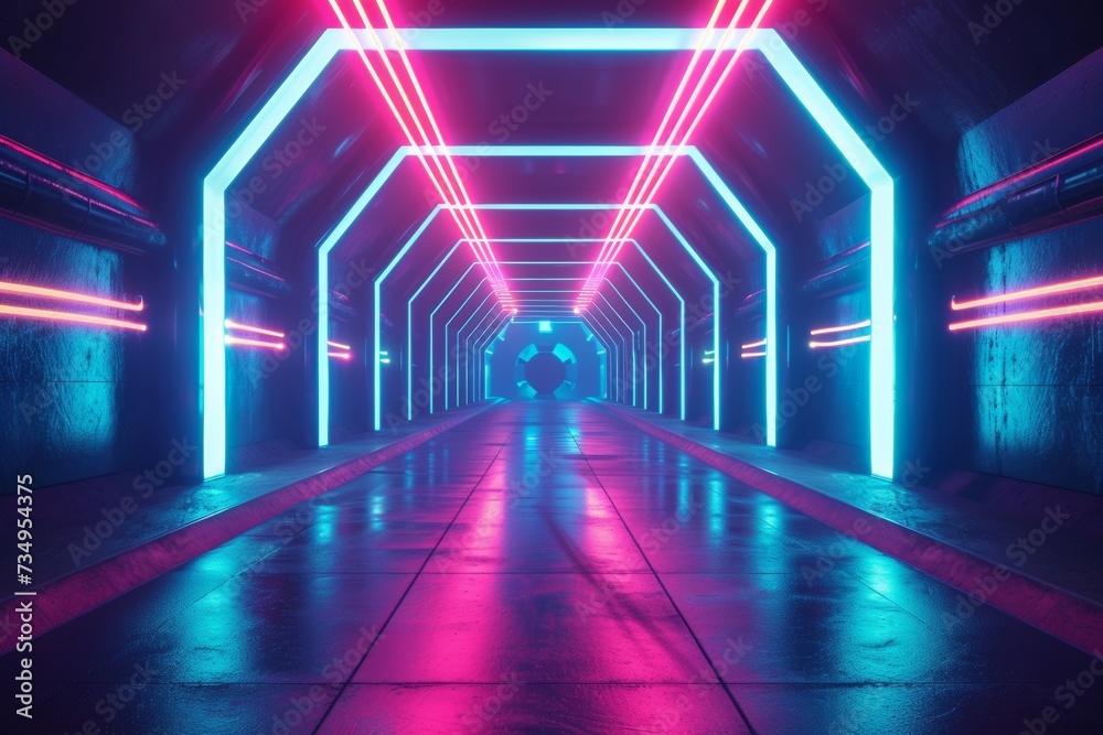 Futuristic sci-fi illuminated neon glowing tunnel. Generative AI Futuristic sci-fi illuminated neon glowing tunnel. Generative AI