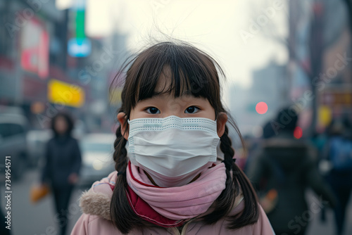 Asian children wearing a protection mask for against PM 2.5, air pollution. Health problem concept © Patcharaphon