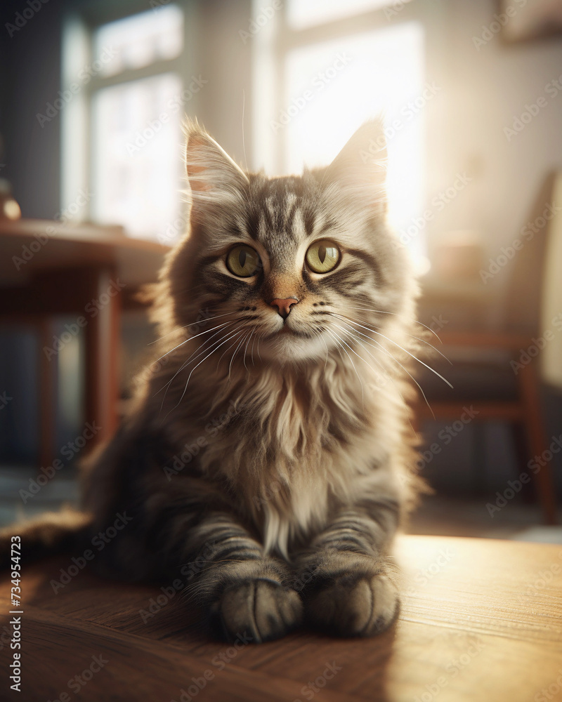 An elegant tabby kitten sits gracefully on a wooden table, its striped fur and piercing gaze exuding a calm, observant demeanor