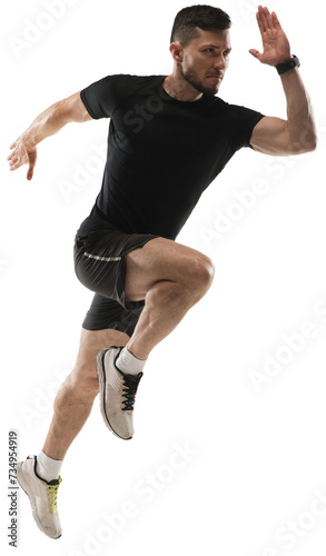 Fototapeta Naklejka Na Ścianę i Meble -  Speed and endurance. Muscular, sportive man in black sportswear training, running isolated on transparent background. Concept of sport, fitness, workout, healthy and active lifestyle