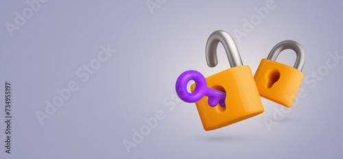 Safety, encryption, protection, privacy, data access.Locked and unlocked 3d locks. Two yellow padlocks with keyhole and purple key cartoon vector illustration on light background.