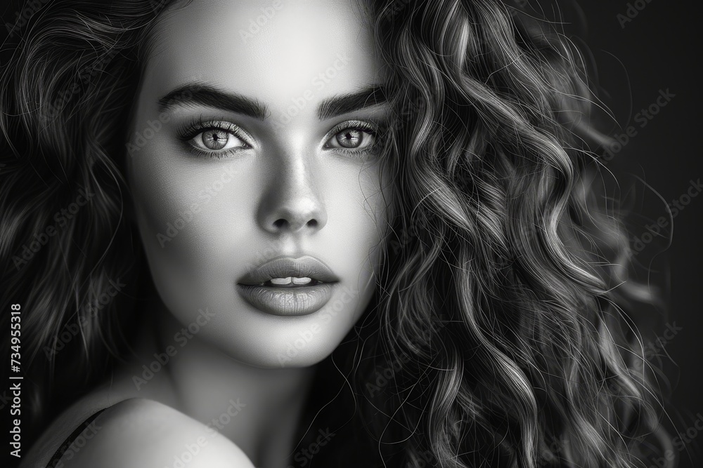 Fototapeta premium Model with beautiful long shiny curly hair captured in a stunning black and white photo
