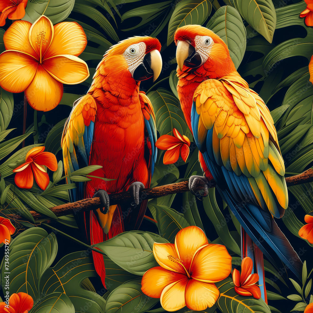 Obraz premium Tropical rainforest parrot as background, ai generated