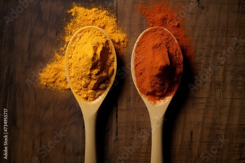 Close-up shot capturing the vibrant color and texture of ground turmeric powder in a rustic wooden spoon