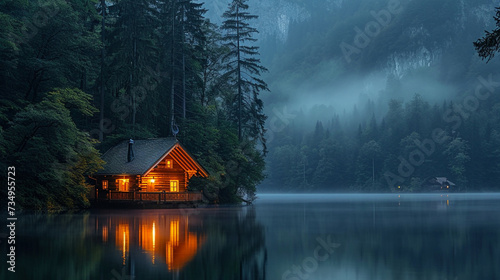 A cabin by a lake, surrounded by trees in a forest photo