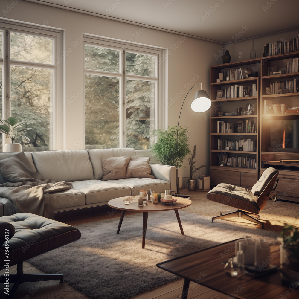 spacious large living room, danish interior design, with light sofa and a bookcase