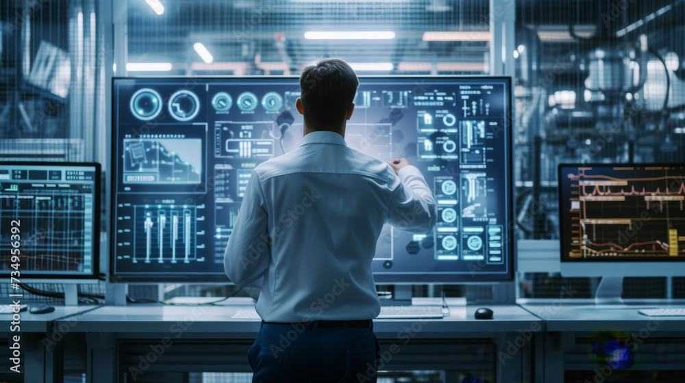 Manufacturing engineer checking quality control data on digital screen in modern factory Manufacturing engineer checking quality control data on digital screen in modern factory
