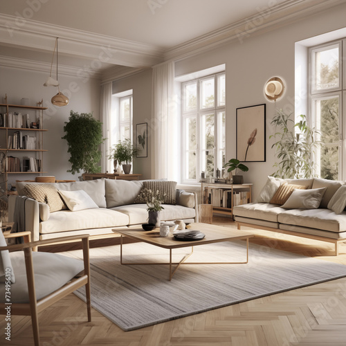 spacious large living room  danish interior design  with light sofa