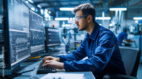 Industrial engineer analyzing data on digital monitor in smart production facility with advanced machinery