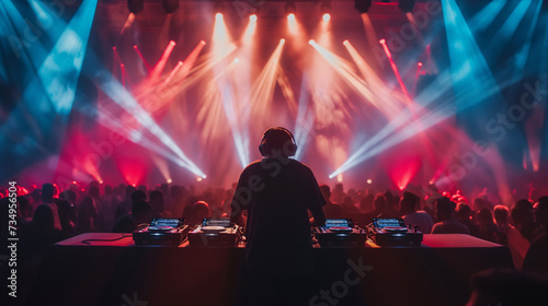 The disc jockey behind the record player. A DJ is playing in a nightclub during a party. A lot of people are watching the DJ.