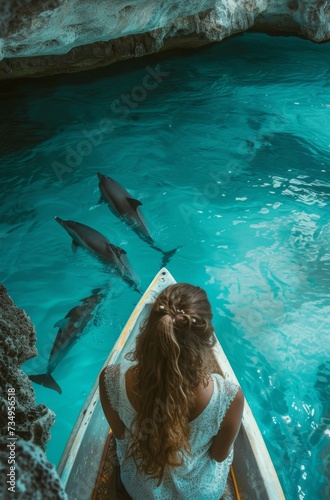 A woman is looking off of the boat at dolphins while kayaking photo