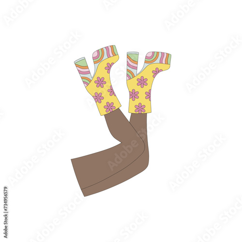 Groovy disco hippie black woman legs in sexy high heel platform shoes vector illustration isolated on white. 60s 70s 80s retro party print poster postcard design.