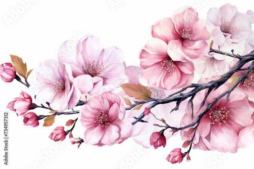 A branch heavy with pink cherry blossoms against a white background embodies the arrival of spring. cheerful and refreshing, seasonal event decorations or botanical illustrations.