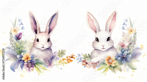 Easter bunnies and flower wreath frame in watercolor.