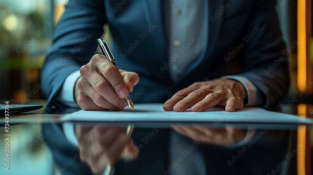 confident entrepreneur signing a lucrative contract with a fountain pen in modern office,