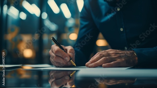 Successful businessman signing a profitable deal with a luxury pen in a stylish office