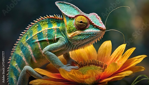 Macro shots, Beautiful nature scene , baby green chameleon sitting on flower in a summer garden.