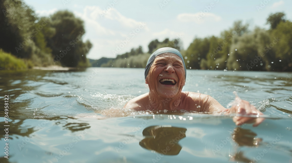 Exuberant Swim: Joyful Senior Woman Swimming in a River