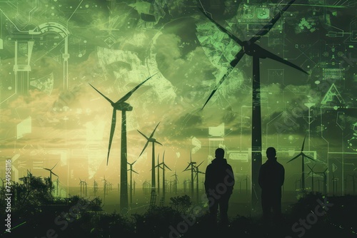 two people standing in front of wind turbines