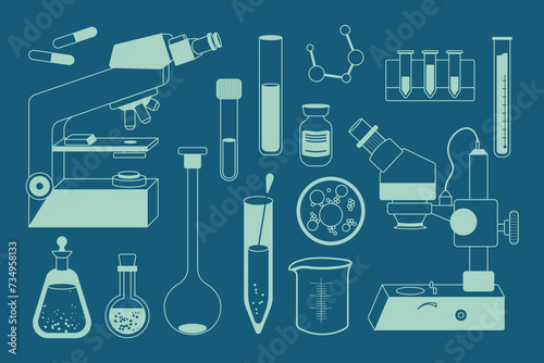 Vector set of laboratory equipment. Medical instrument - microscope, flask, bottle, and other scientific elements. Simple styled outline illustration.