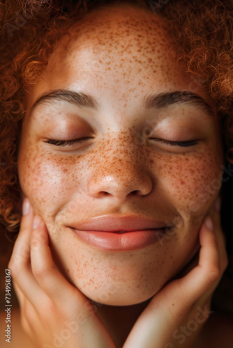 Tranquil Beauty: Woman with Freckles and Closed Eyes