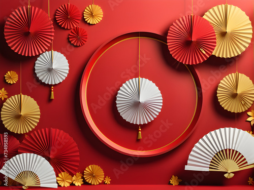 empty mockup center copy space paper fan medallion Chinese new year decoration new year festival