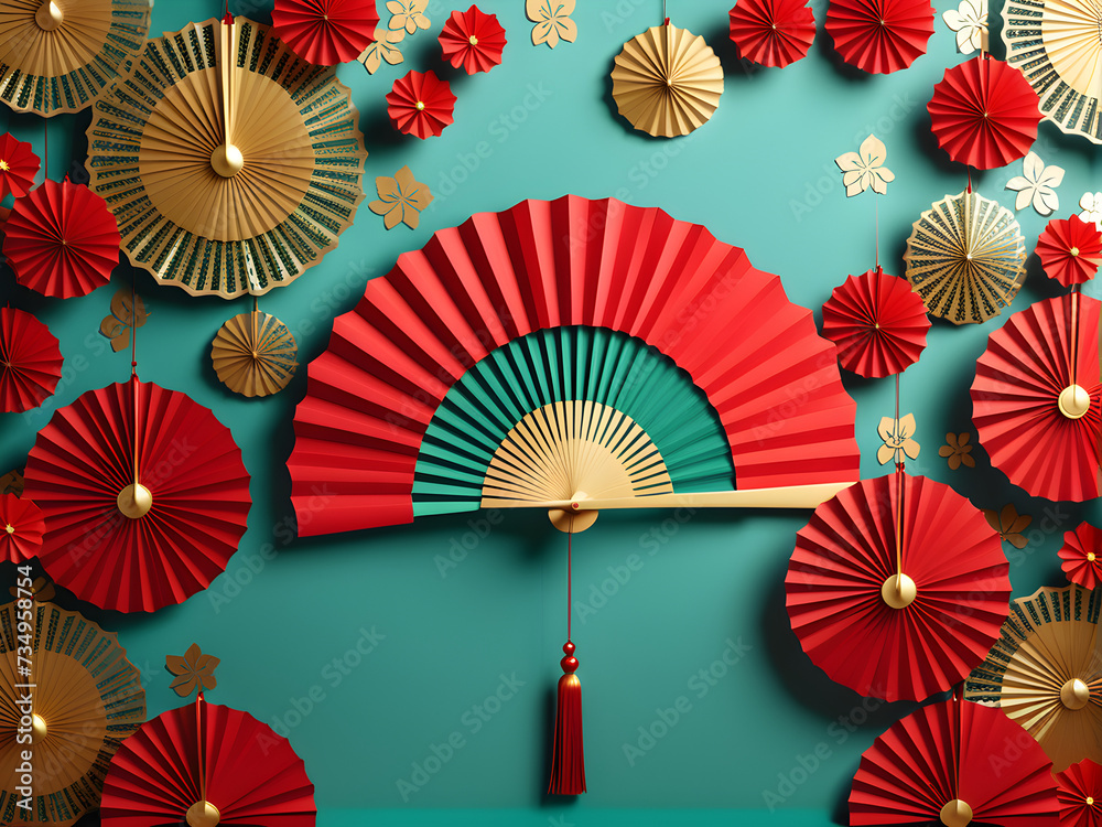 empty mockup center copy space paper fan medallion Chinese new year decoration new year festival