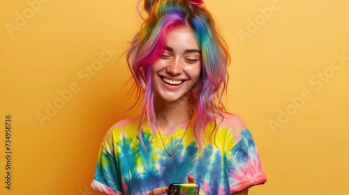 Joyful Young Woman with Rainbow-Colored Hair Wearing Tie-Dye Shirt