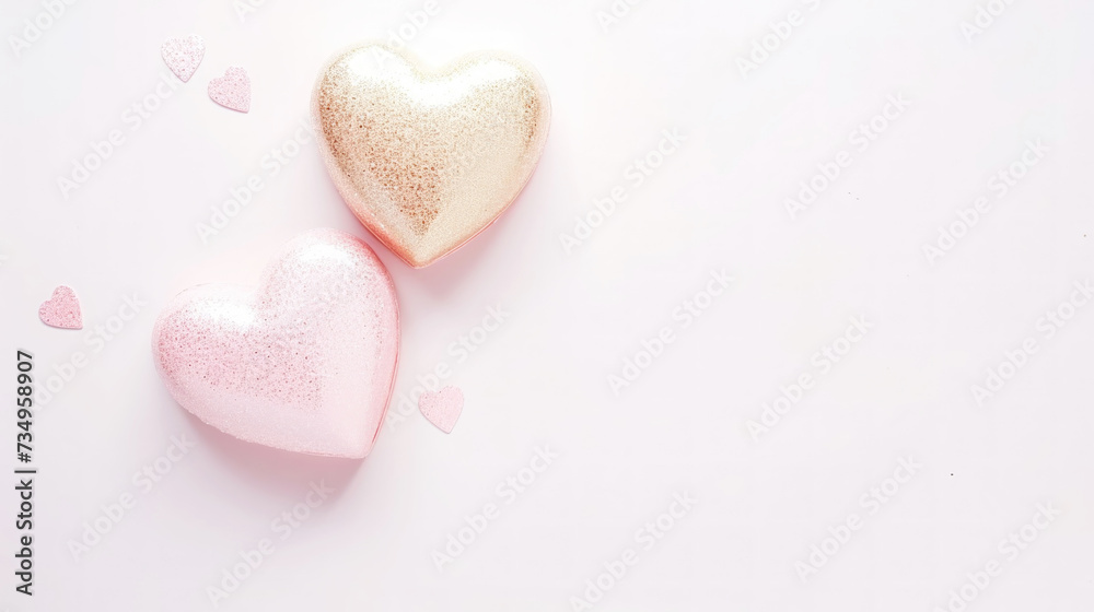 Aesthetic pink and gold hearts on light background. Minimalist love concept. Copy space. Generative AI