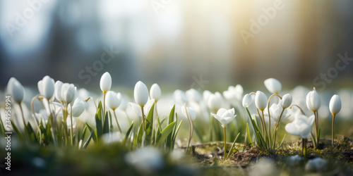 White snowdrop flowers in spring forest. First Spring Flowers. Beautiful nature scene with blooming snowdrop flowers. 