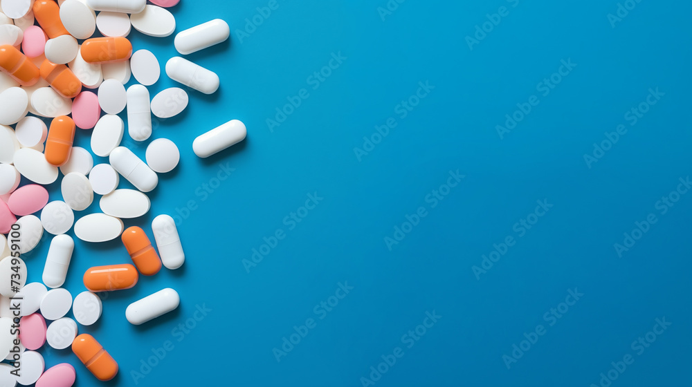 Top view of Scattered pills on blue background. Space for text, Generative AI Top view of Scattered pills on blue background. Space for text, Generative AI