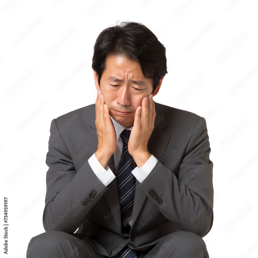 Frustrated businessman with hands on head, looking stressed and tired, isolated on transparent background Frustrated businessman with hands on head, looking stressed and tired, isolated on transparent background
