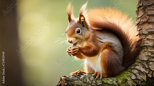 Eating Eurasian red squirrel on a tree trunk.