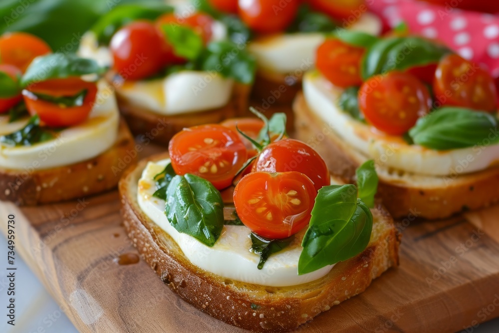 Mini mozzarella cheese cherry tomato and basil on Caprese toasts Mini mozzarella cheese cherry tomato and basil on Caprese toasts
