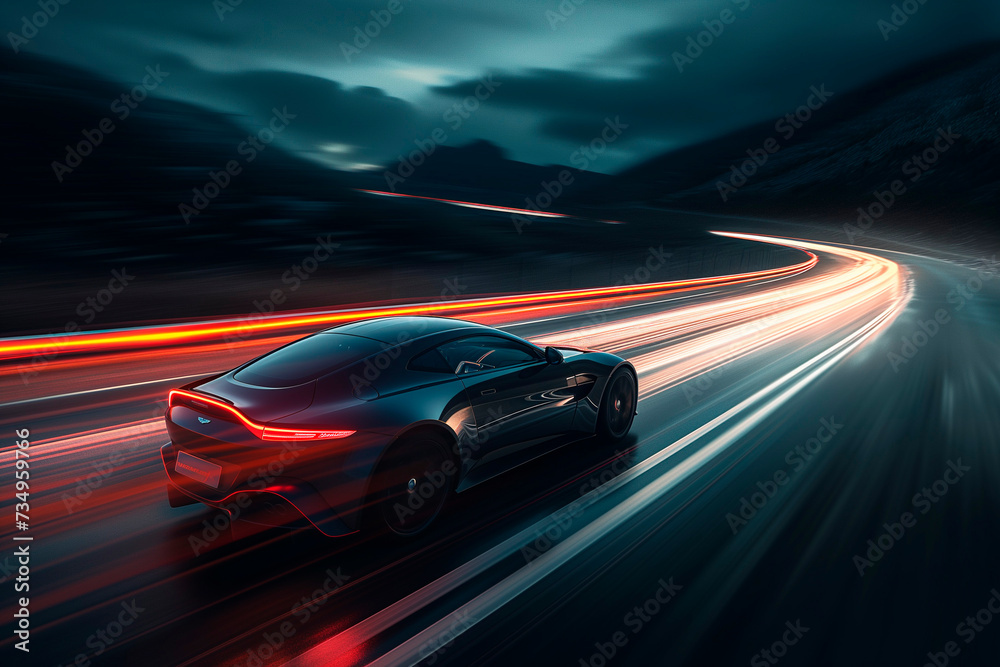 sports car is speeding on a highway at night sports car is speeding on a highway at night