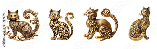 4 Old fashioned cat brooch made of gold with intricate design set against a transparent background photo