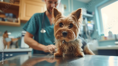 Attentive Yorkshire Terrier at a Vet Clinic, Perfect for Pet Health Care and Veterinary Services Promotions