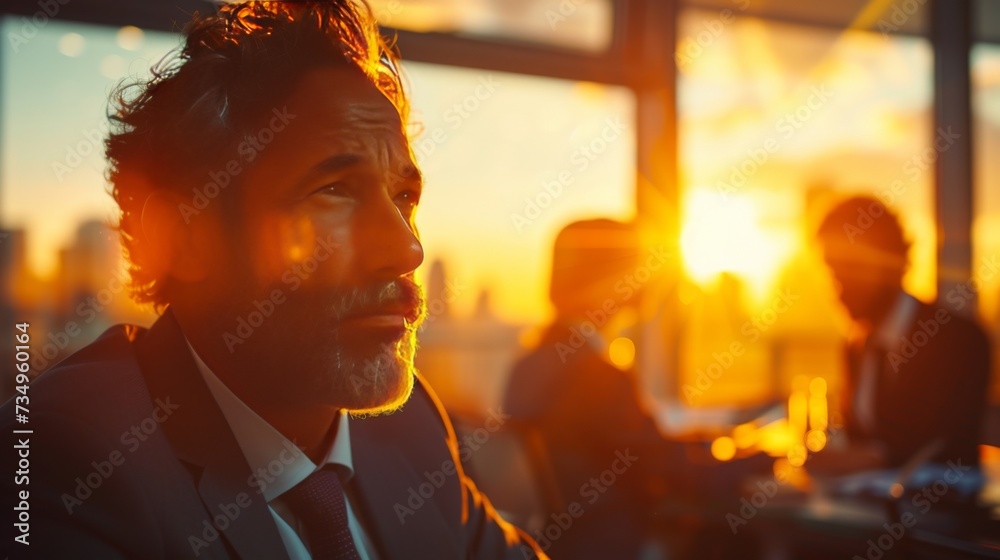 A contemplative businessman looks out the window in a high-rise office, with the city skyline glowing in the sunset light.