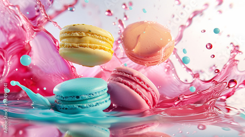 Colorful Macarons Splashing in Liquid