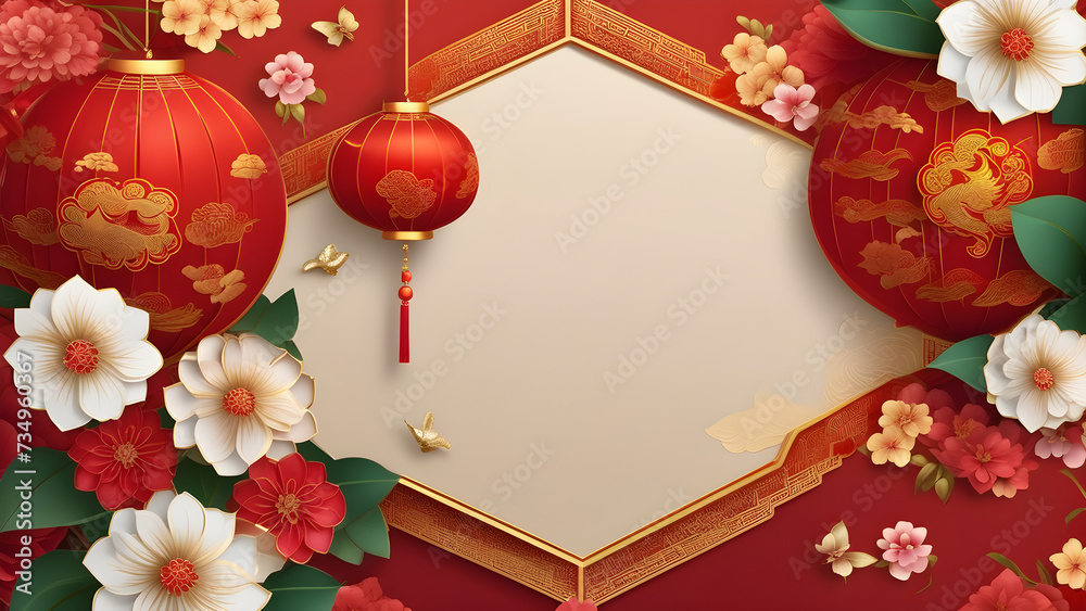 empty mockup happy Chinese New Year year of the hanging beautiful lantern and flowers on a red background. chinese new year lanterns. festival, holiday greeting card. empty mockup happy Chinese New Year year of the hanging beautiful lantern and flowers on a red background. chinese new year lanterns. festival, holiday greeting card.