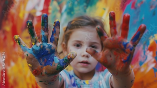 Child with Colorful Painted Hands  Creative Play and Artistic Expression Concept